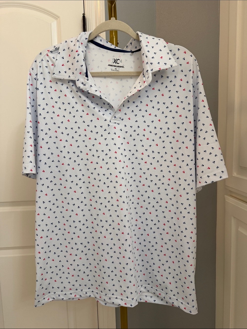 Johnston & Murphy White Polo with Red and Navy Micro Motif